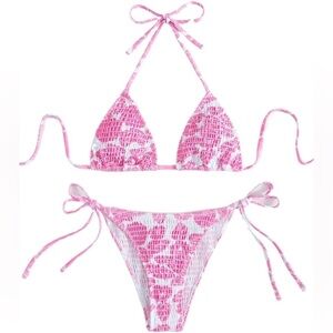 Women’s Two‎ Piece Print Smocked Halter String Bikini Swimsuit Size Small NWOT